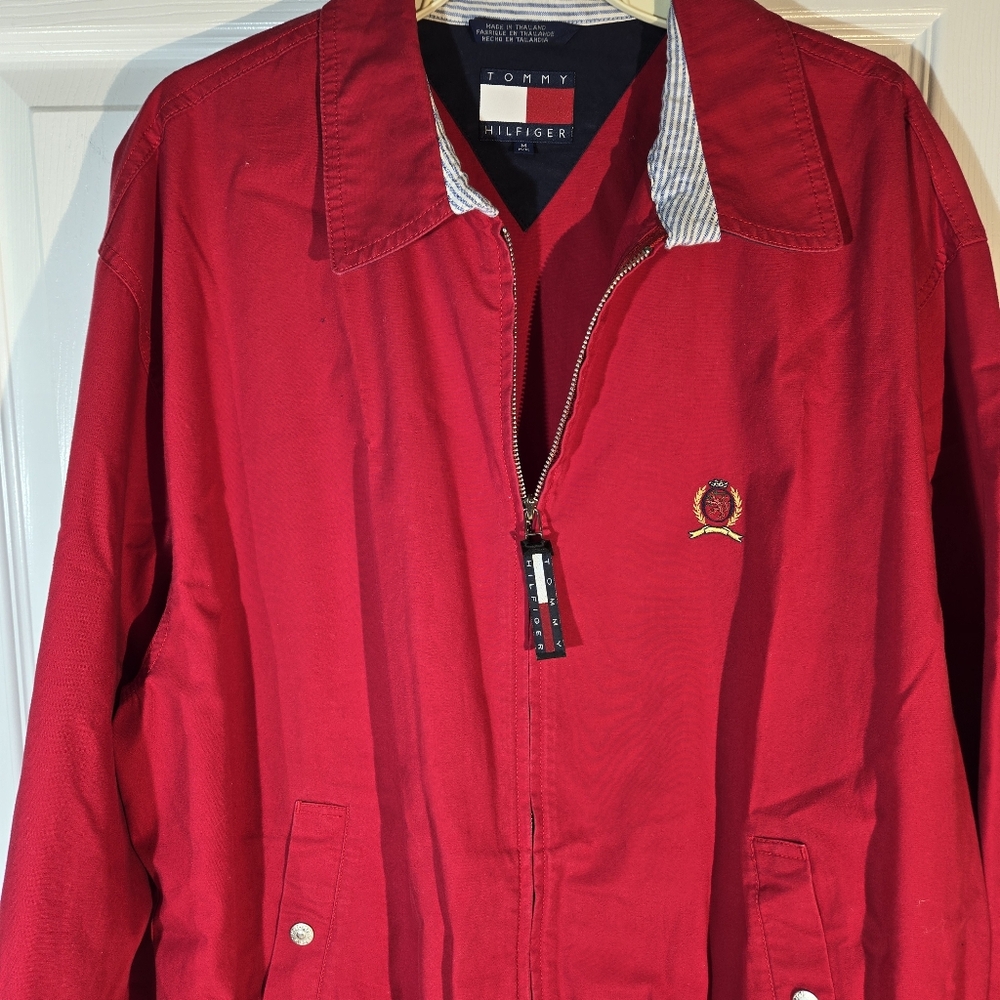 Tommy Hilfiger Mens Red Full-Zip Jacket M With Embroidered Crest & Logo Details